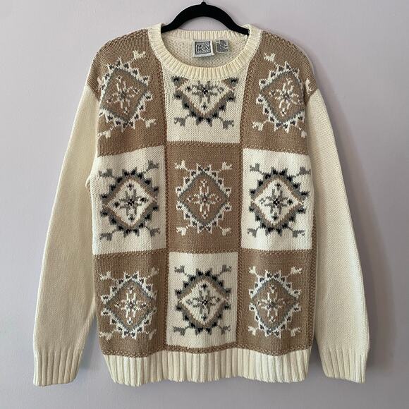Russ Sport Other - Vintage Russ Sport Grannycore White Brown Knit Chunky Crewneck Sweater Medium